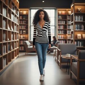 TOME COLLECTIVE Black‎ White Striped Deep V Twist Front Knit Sweater Top Small